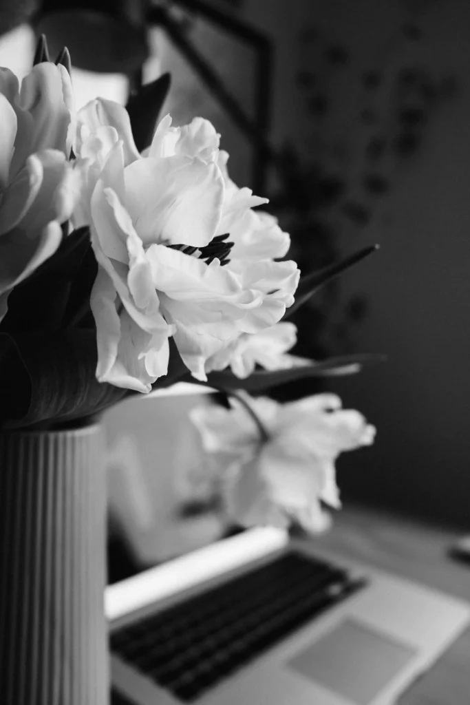 Un tulipano con un laptop sullo sfondo
